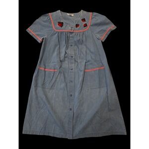 Go Softly Patio Denim Prairie Dress Medium Ladybug Embroidered Cottagecore